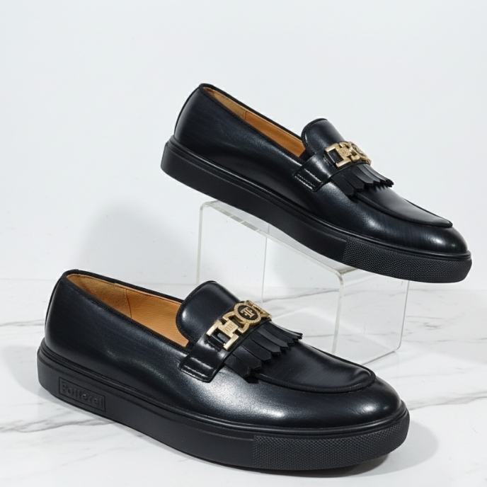Luxe Black Leather Fringe Loafers with Gold Emblem