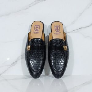 FOLLETEL Men's Black Crocodile-Pattern Slip-On Loafers