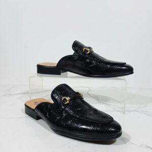 Luxe Black Embossed Leather Mule Loafers