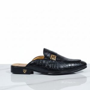 Luxe Black Croc-Embossed Leather Mule Loafer with Gold Monogram Detail