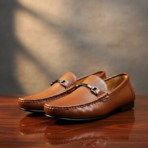 Classic Brown Leather Loafers with Metal Bit Accent