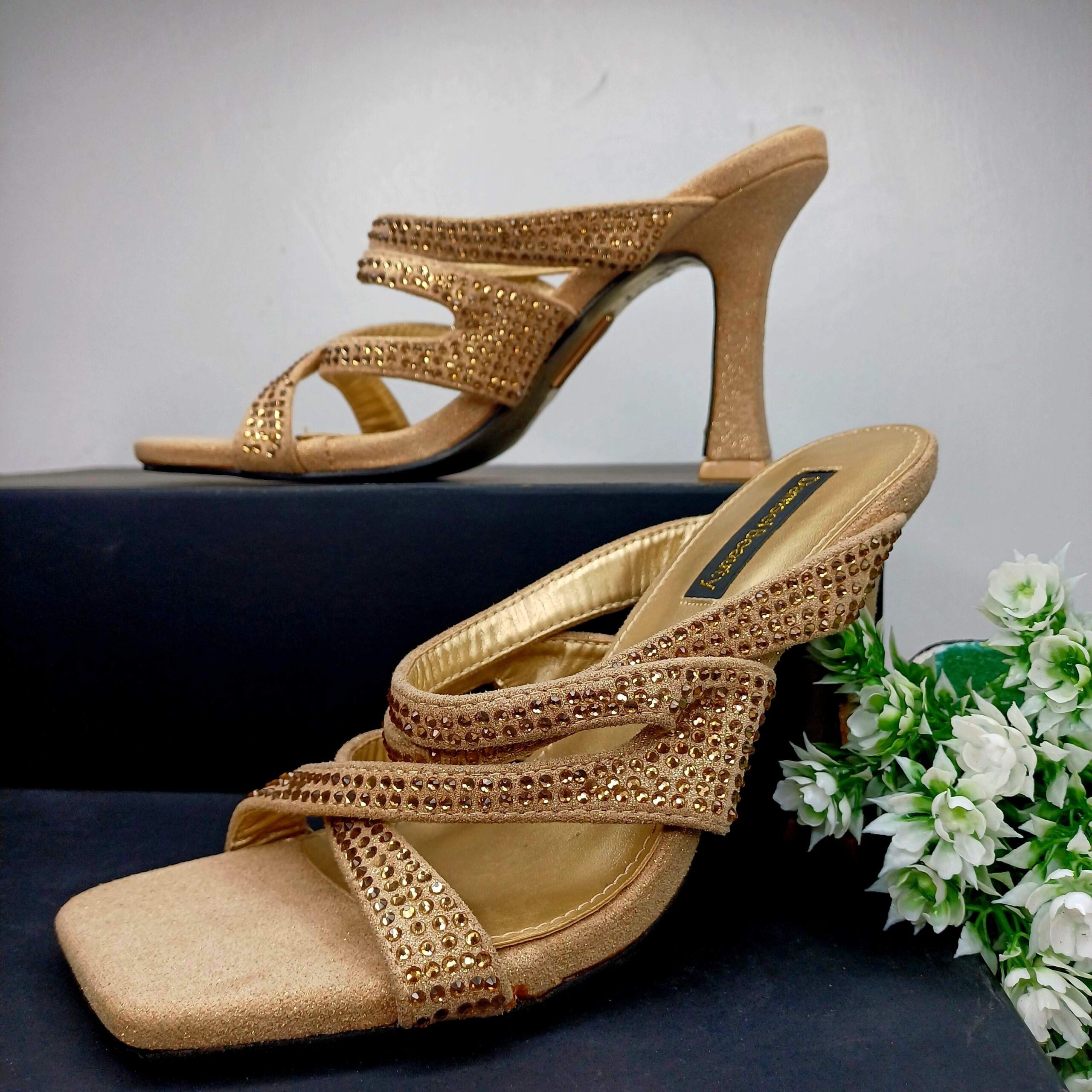 Glamorous Gold Studded High-Heel Sandals