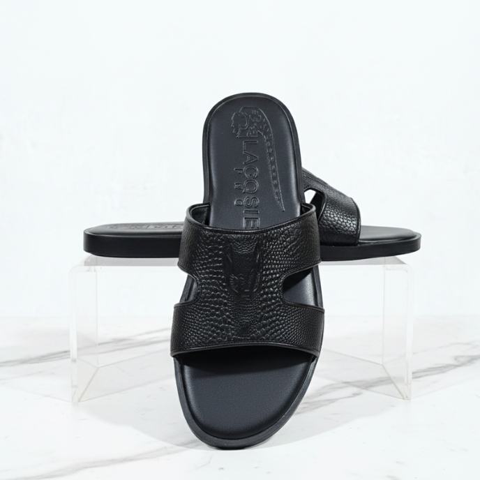 Lacoste Men's Black Textured Leather Slides