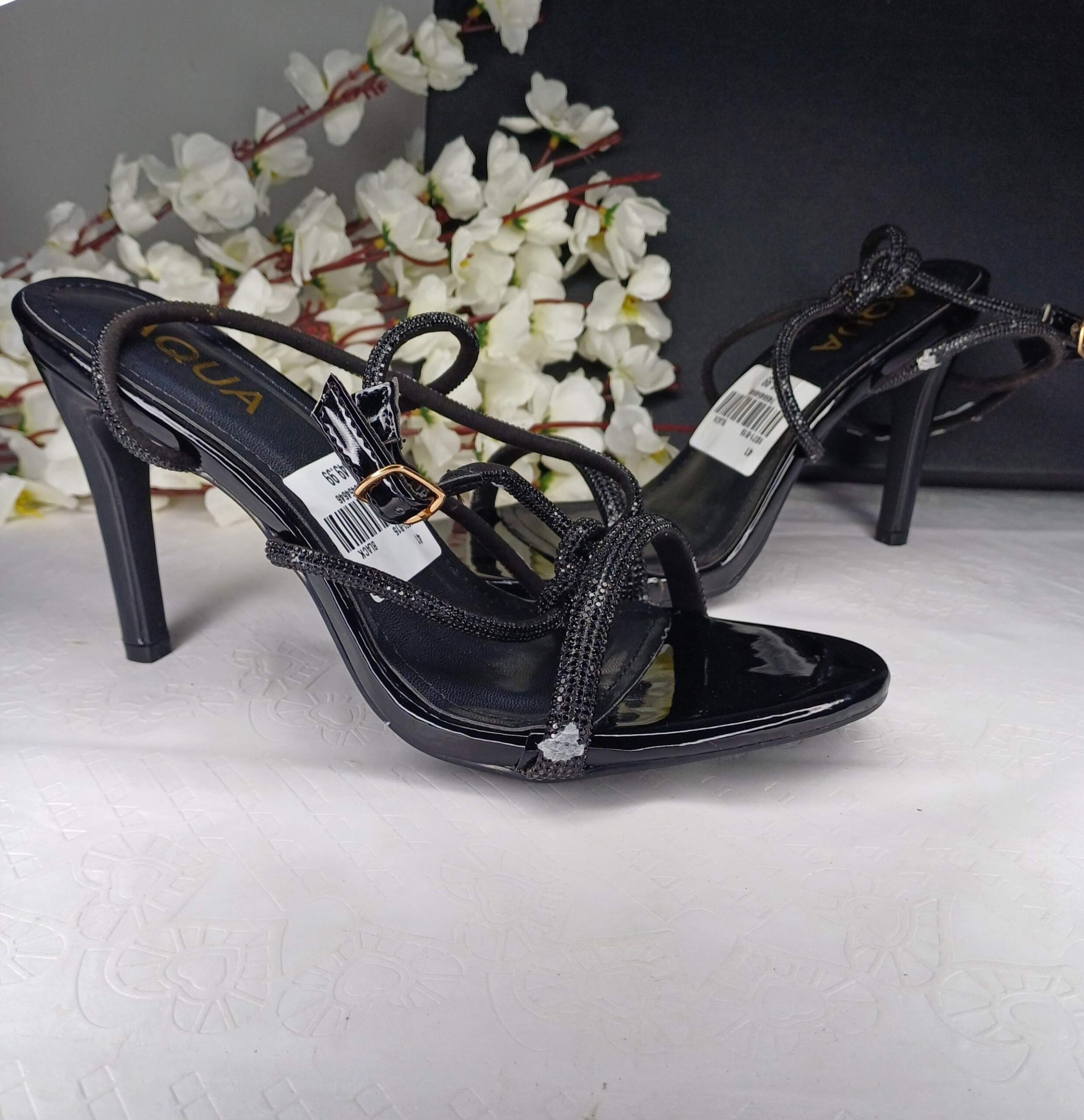 Elegant Black Strappy Heels with Rhinestones