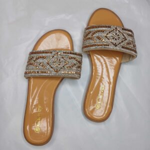 Elegant Beaded Gold Slide Slippers