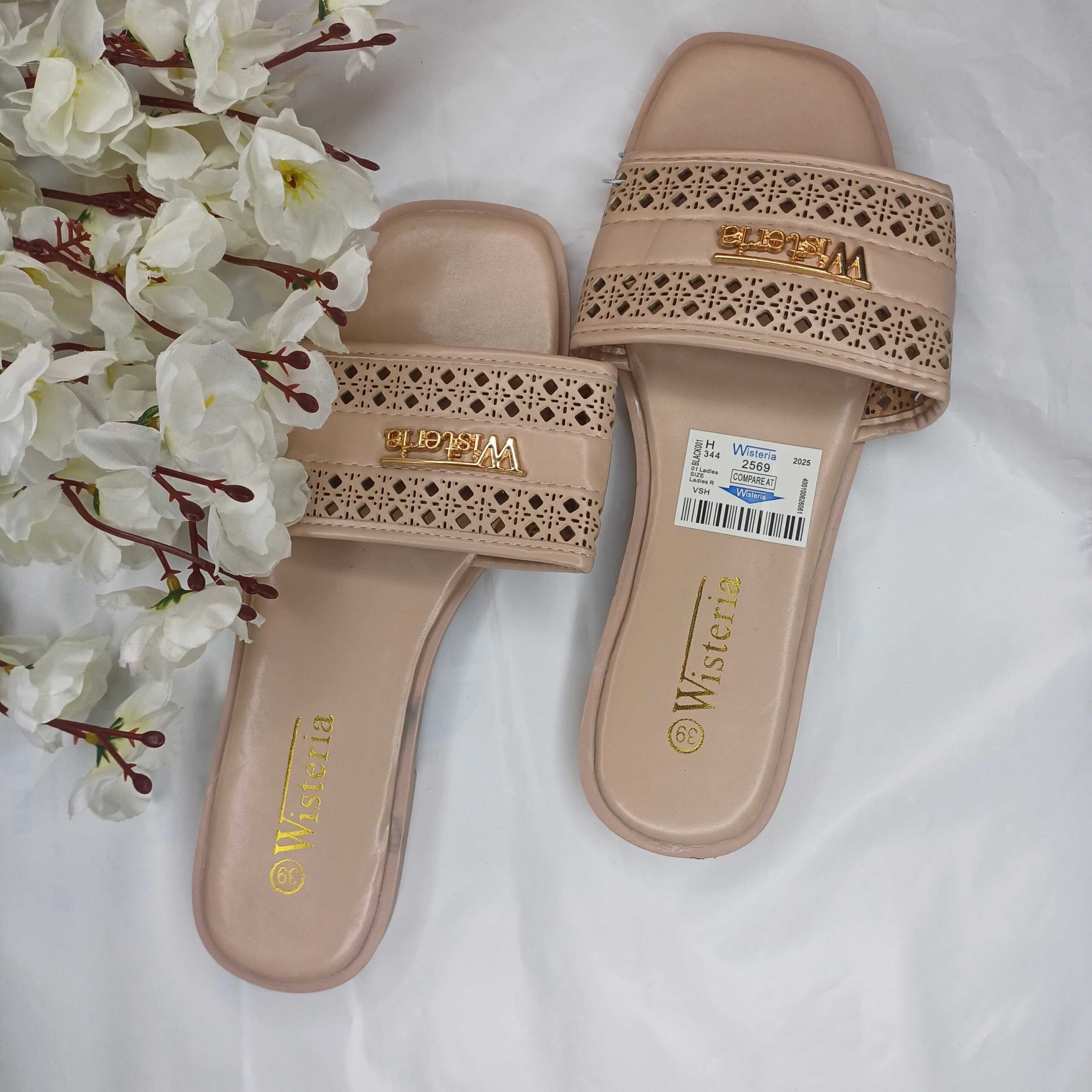 Wisteria Lace-Trimmed Slide Slippers