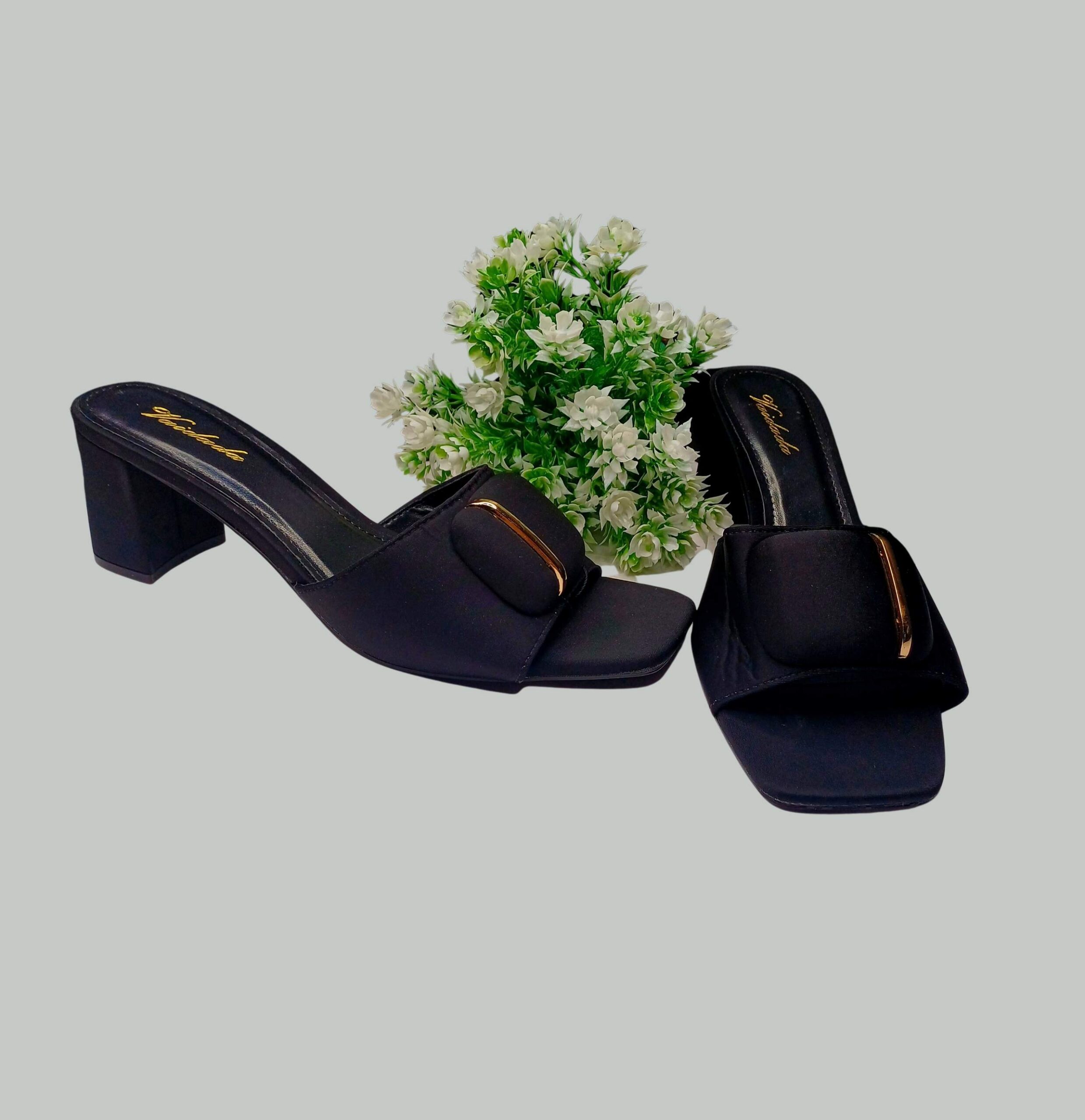 Elegant Black Heeled Sandals with Gold Buckle