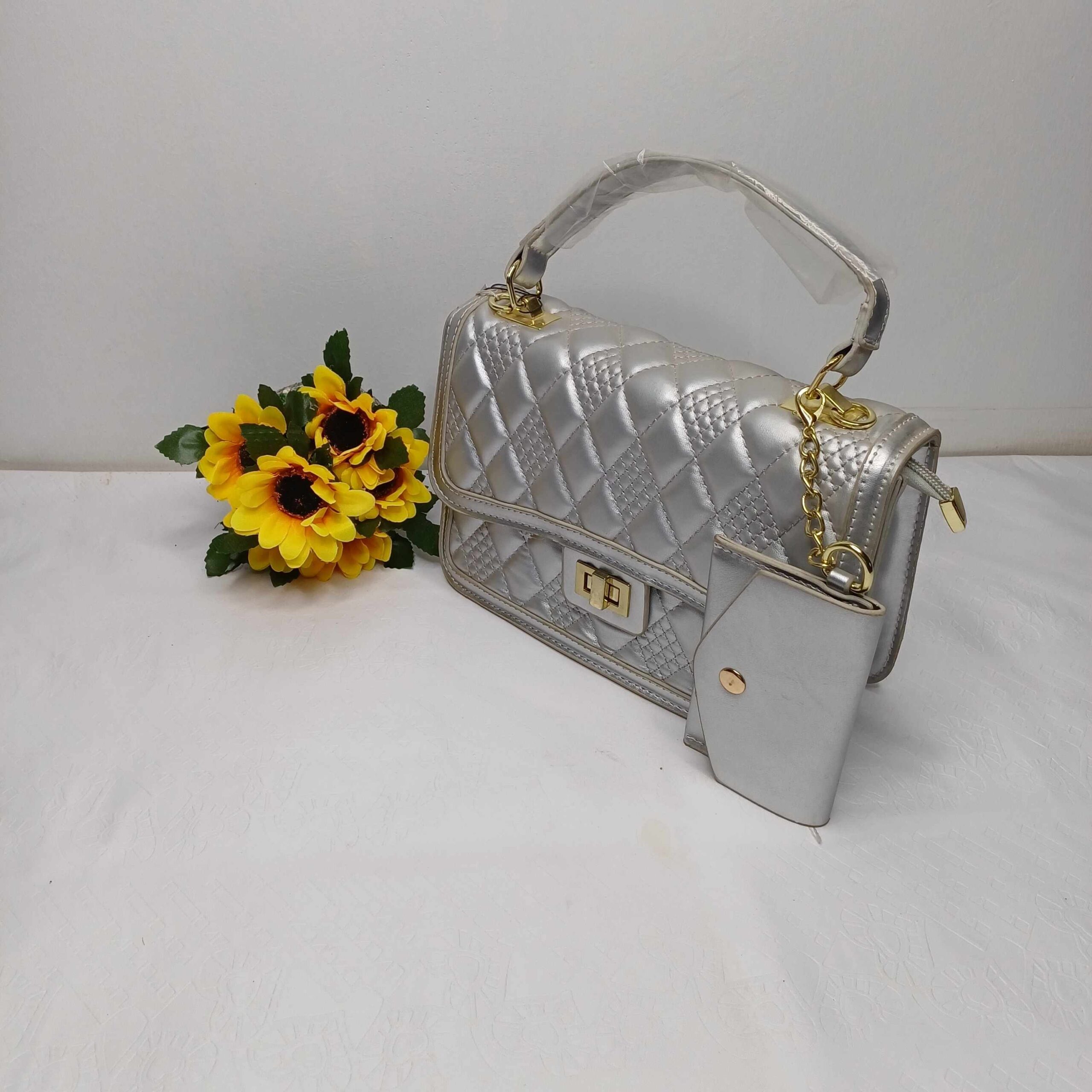 Silver Quilted Handbag with Pouch