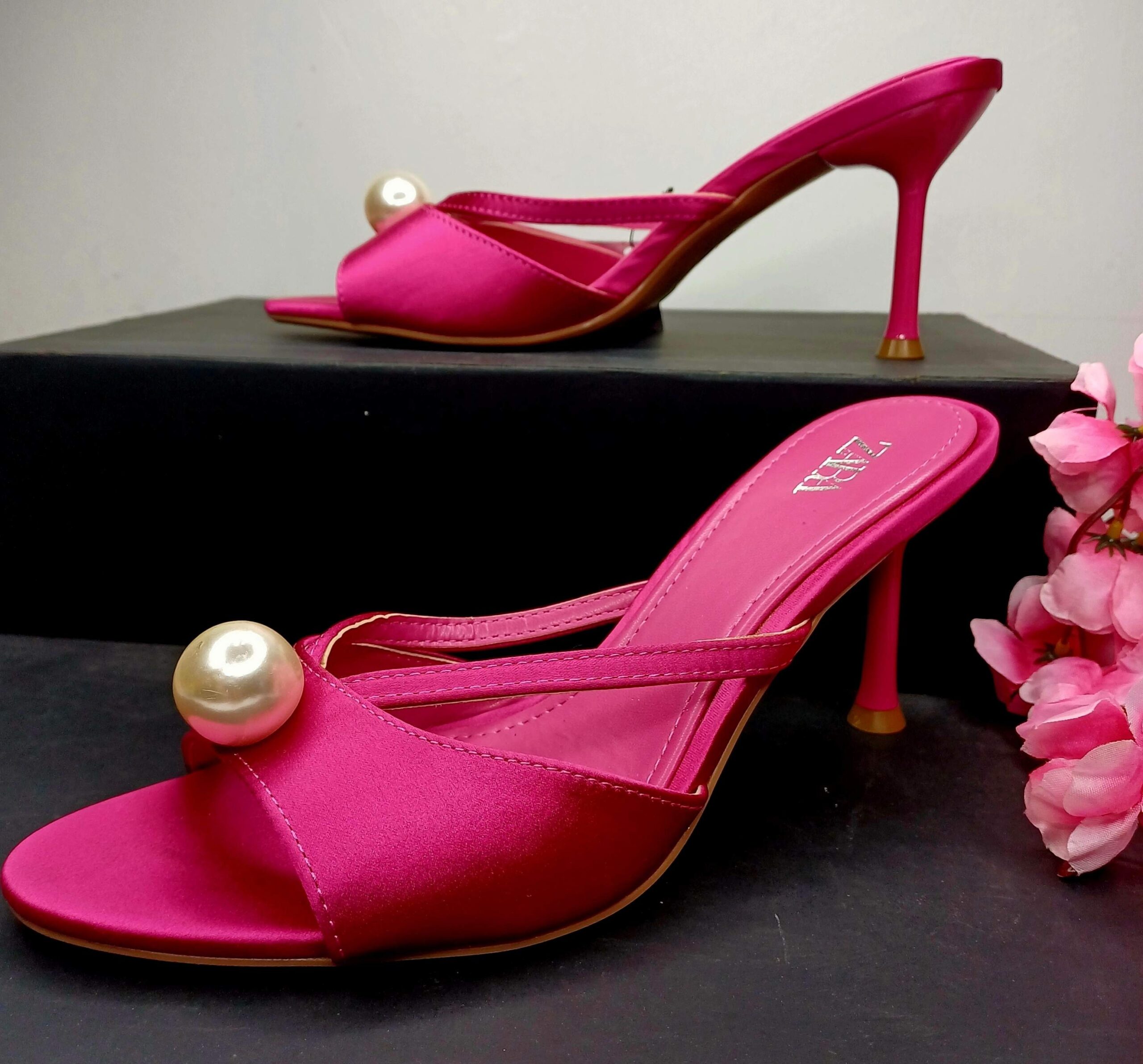 Pearl Adorned Pink Satin Heels