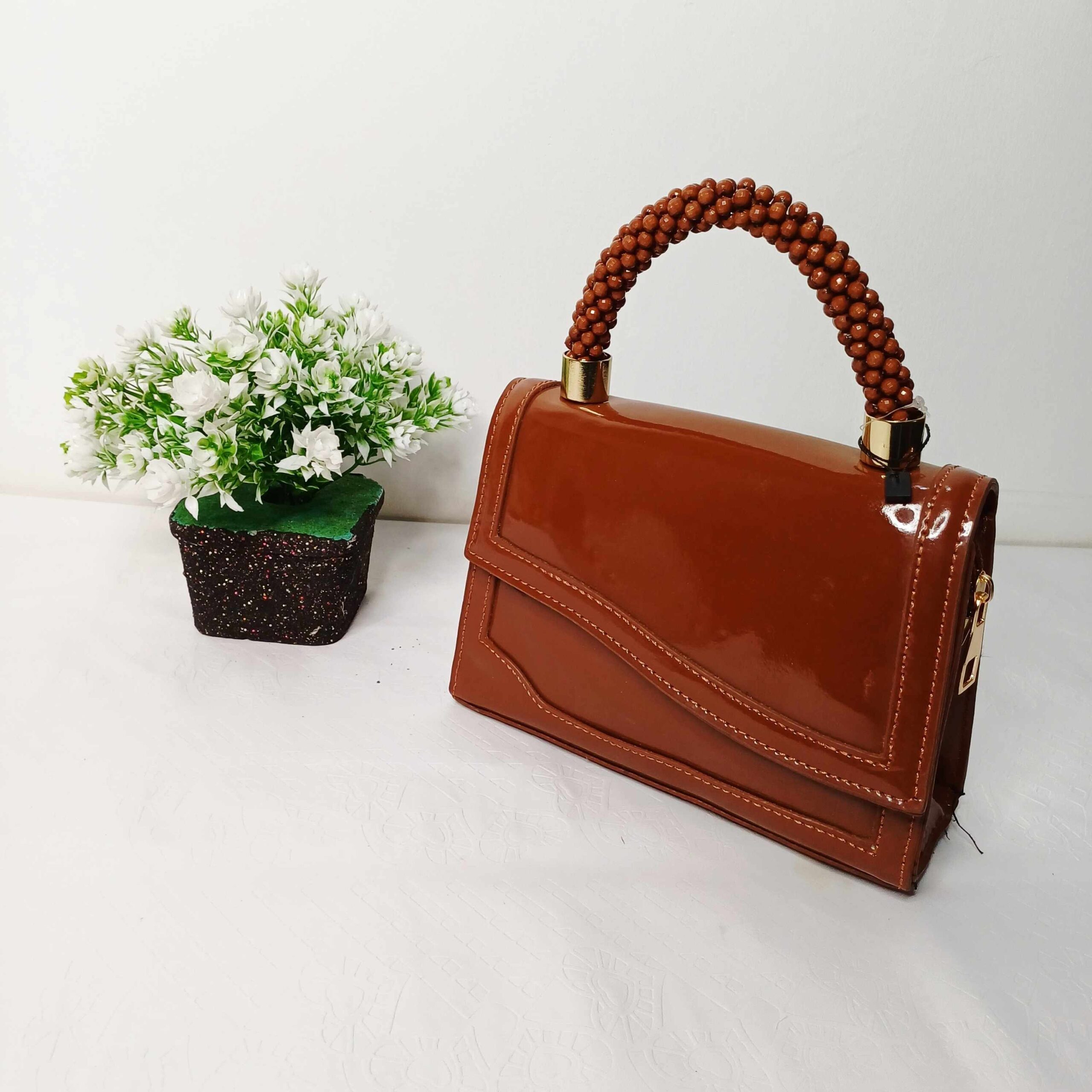 Elegant Brown Beaded Handle Handbag
