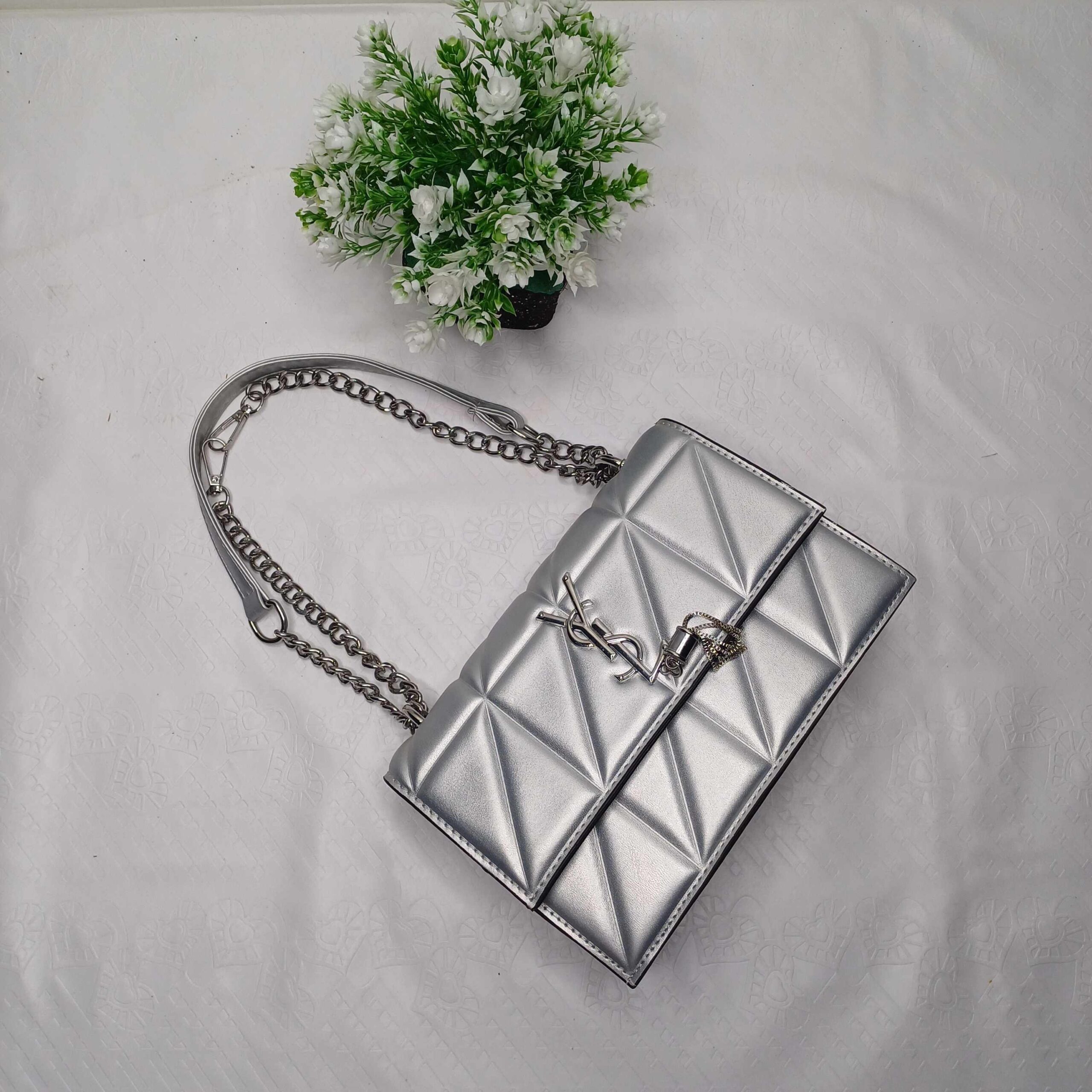Silver Quilted Chain Shoulder Bag