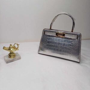 Silver Croc-Embossed Structured Handbag