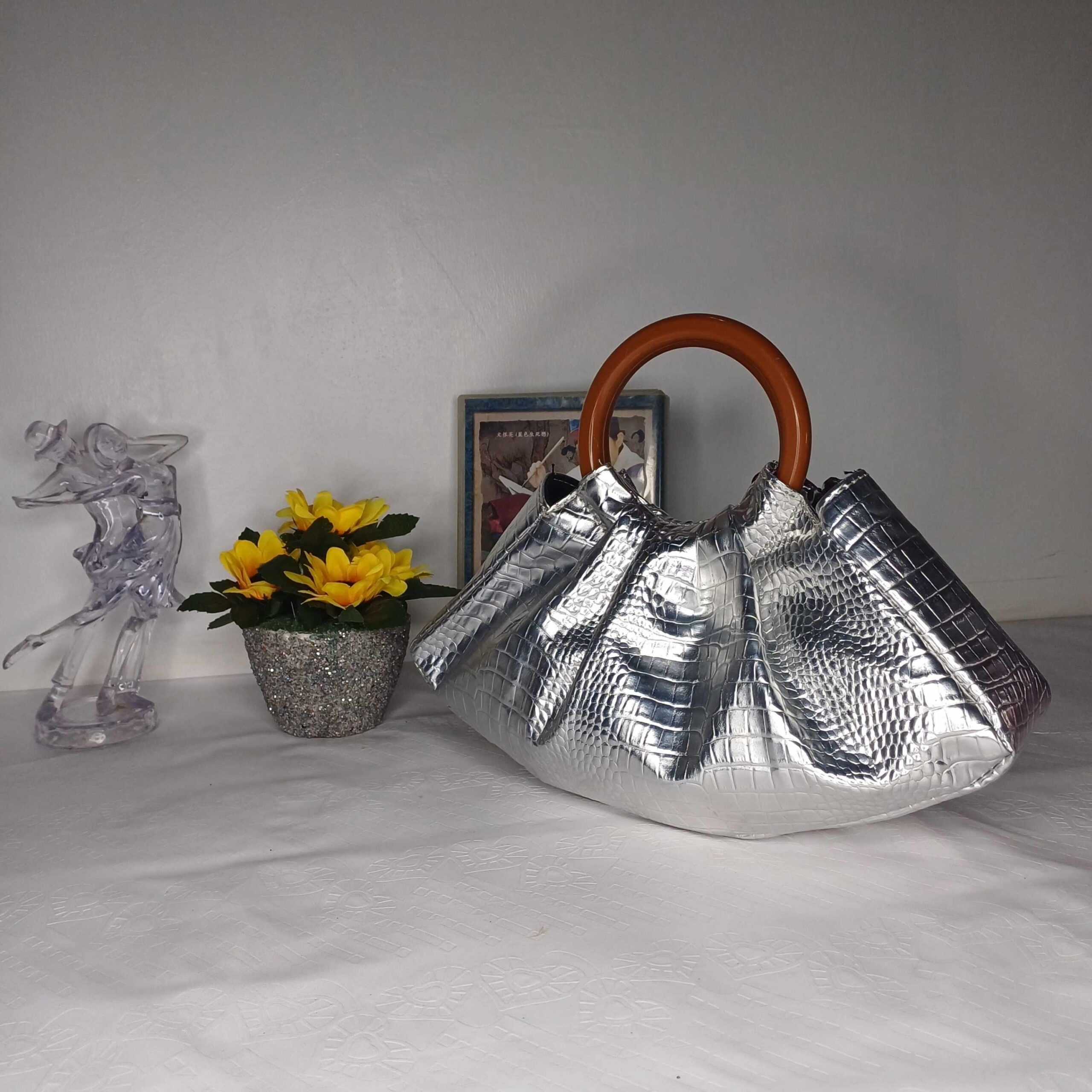 Silver Croc-Embossed Handbag
