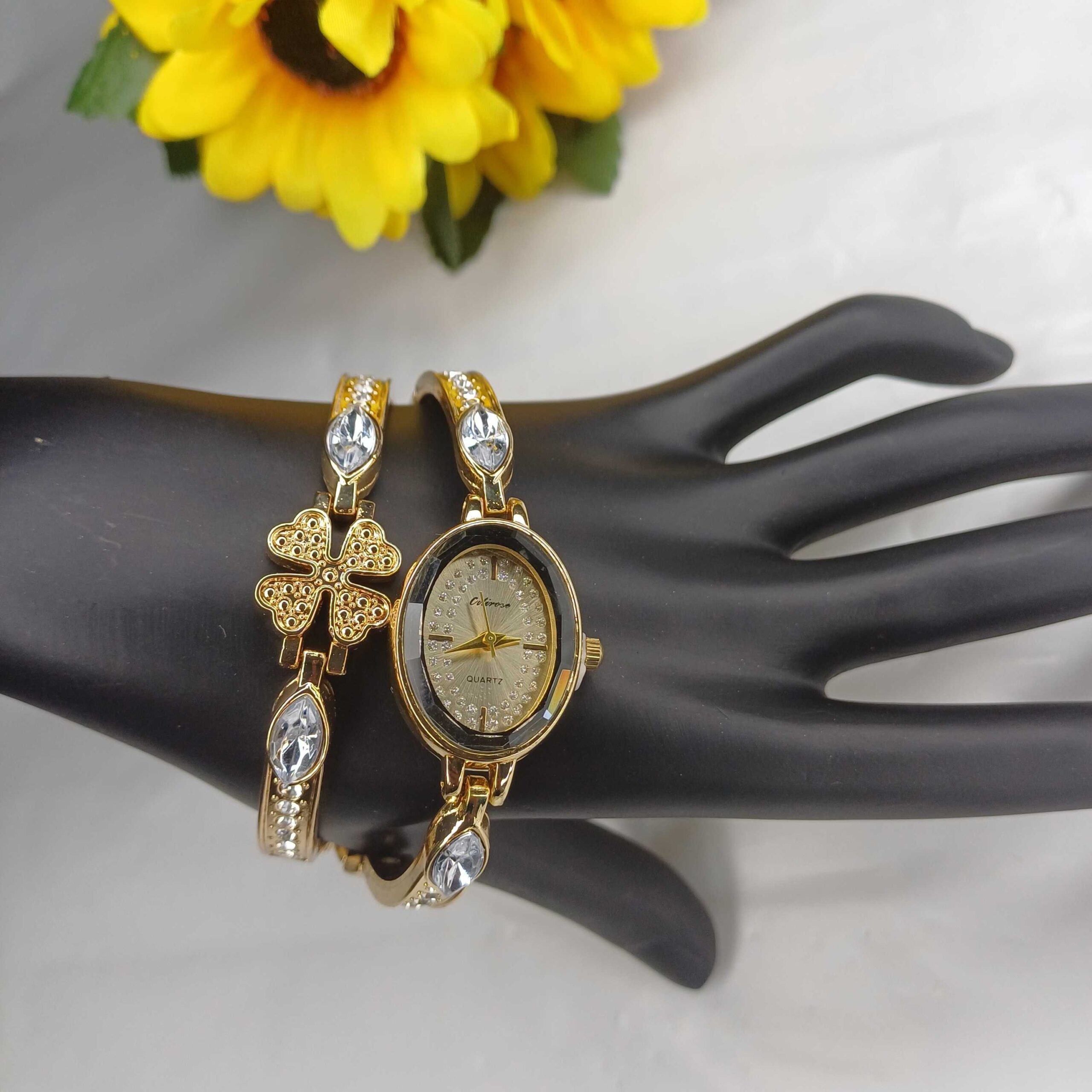 Elegant Gold-Plated Women's Watch with Crystal Accents