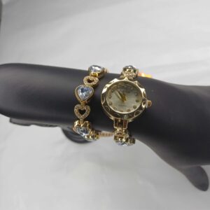 Elegant Gold Heart Crystal Watch and Bracelet Set