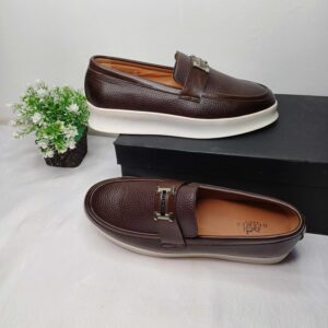 Hermes Brown Leather Loafers with Metal Buckle
