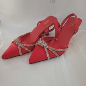 Zara Red Satin Slingback Heels with Rhinestone Embellishments