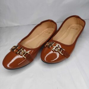 Elegant Brown Patent Leather Flats with Gold Chain Embellishment