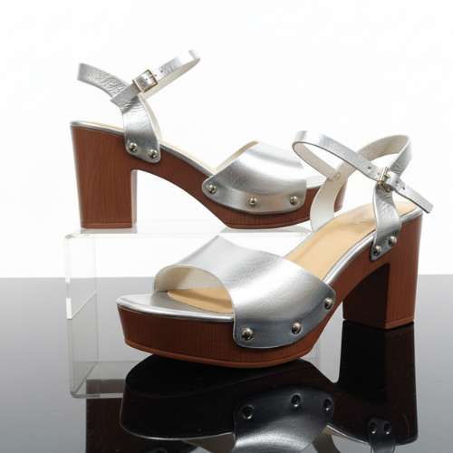 Silver Metallic Block Heel Sandals