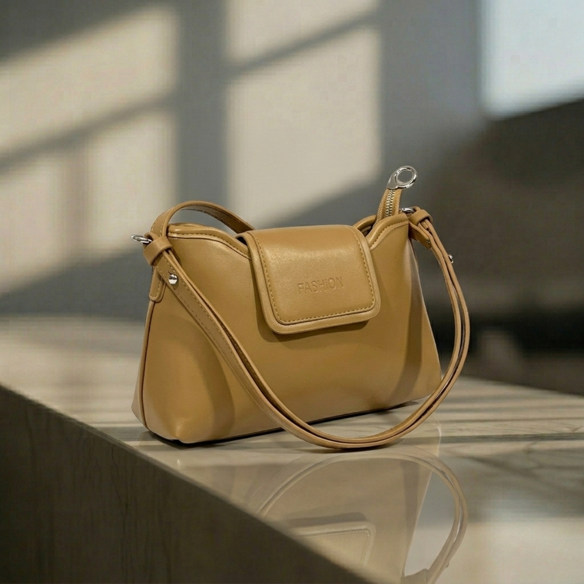 Chic Minimalist Tan Leather Shoulder Bag