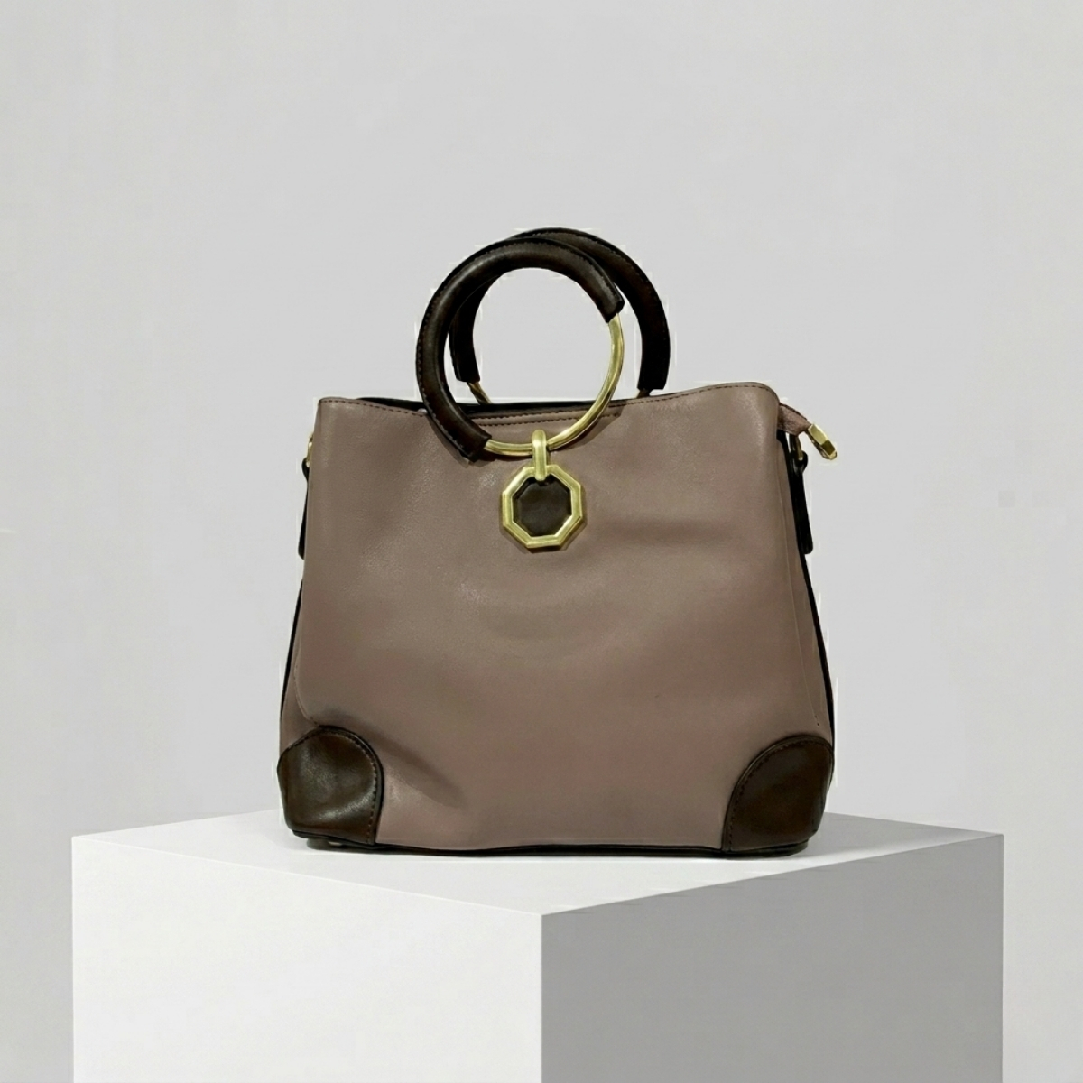 Luxe Taupe & Ebony Ring-Handle Handbag