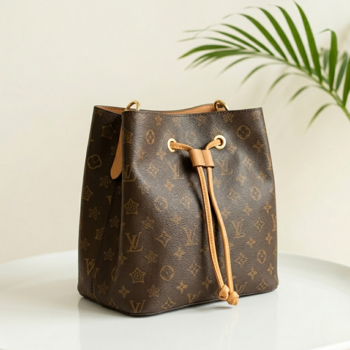 Elegant Monogram Drawstring Bucket Bag – Classic Brown LV