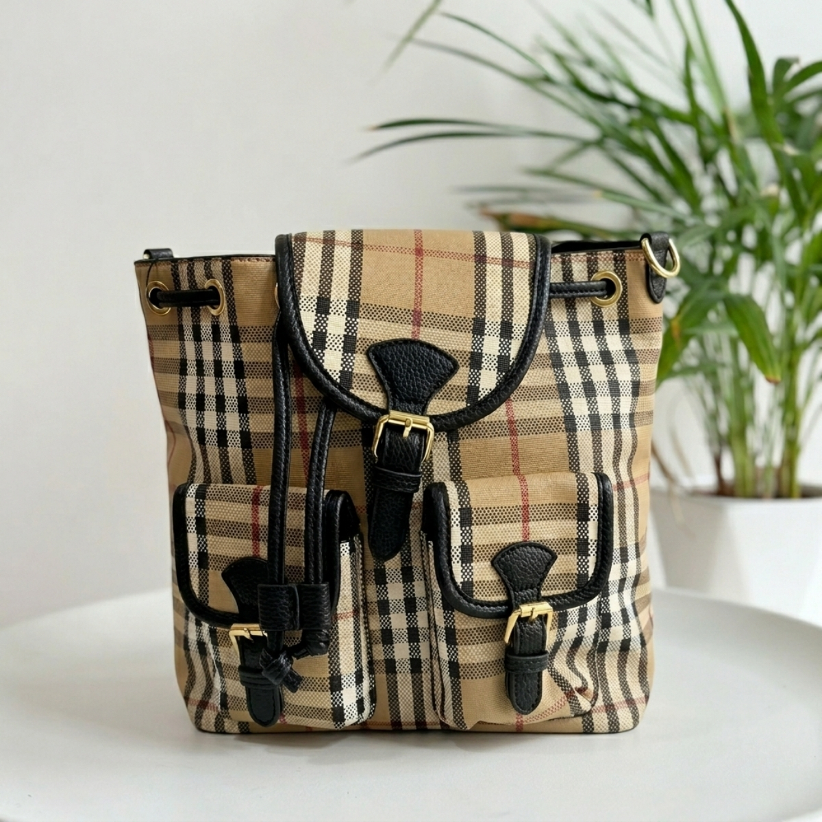 Classic Checkered Canvas Backpack with Leather Trim