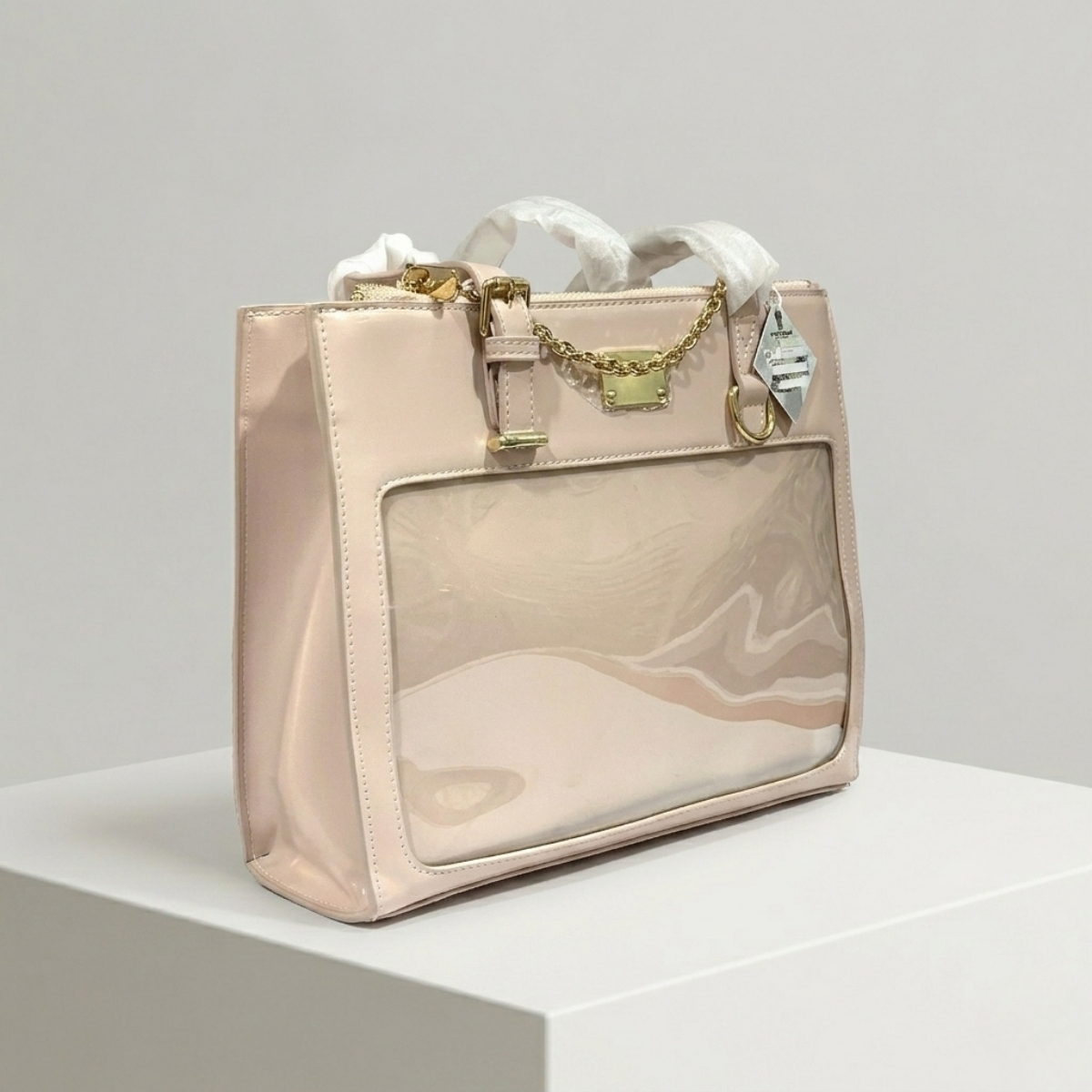 Blush Luxe Clear-Panel Tote with Gold Accents
