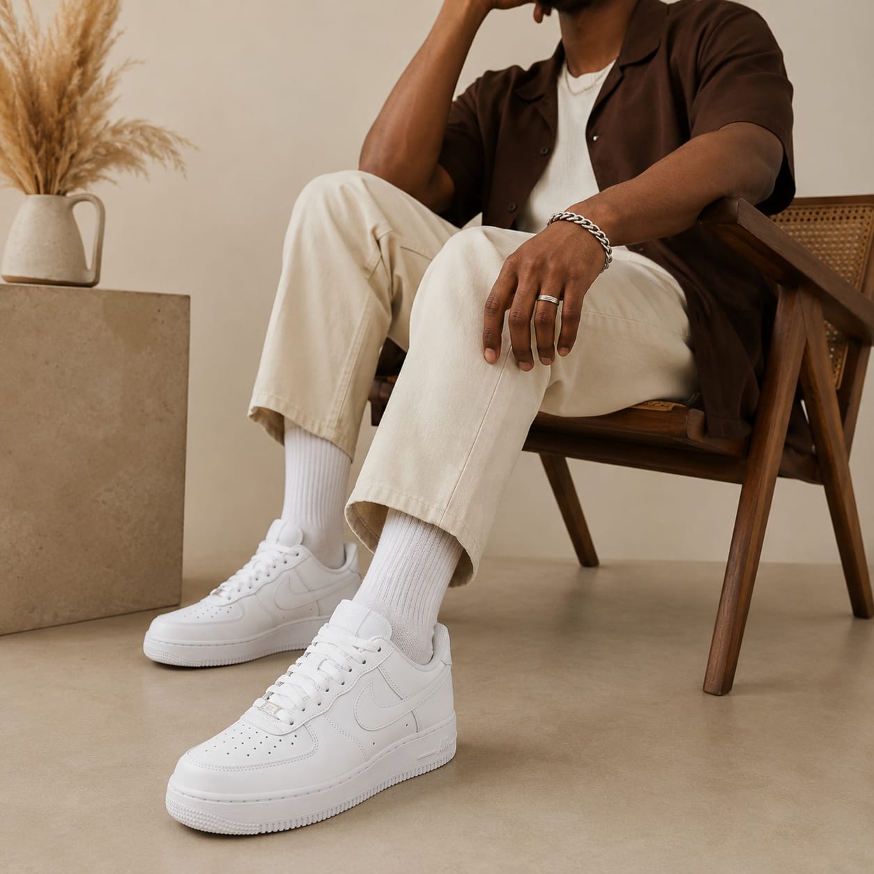 Neutral capsule wardrobe outfit with timeless fashion staples